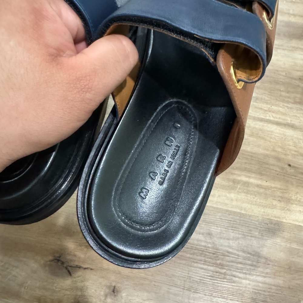 MARNI Fussbett Bicolor Leather Slide Sandals In Navy Blue - Picture 5 of 5